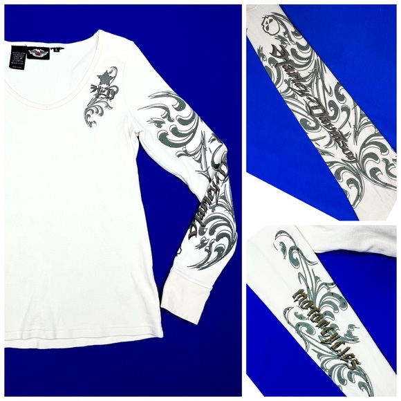 Harley-Davidson Tops - 🏍 |•HARLEY-DAVIDSON•| Cream Waffle Knit V-Nack H-D Motorcycle Sleeves